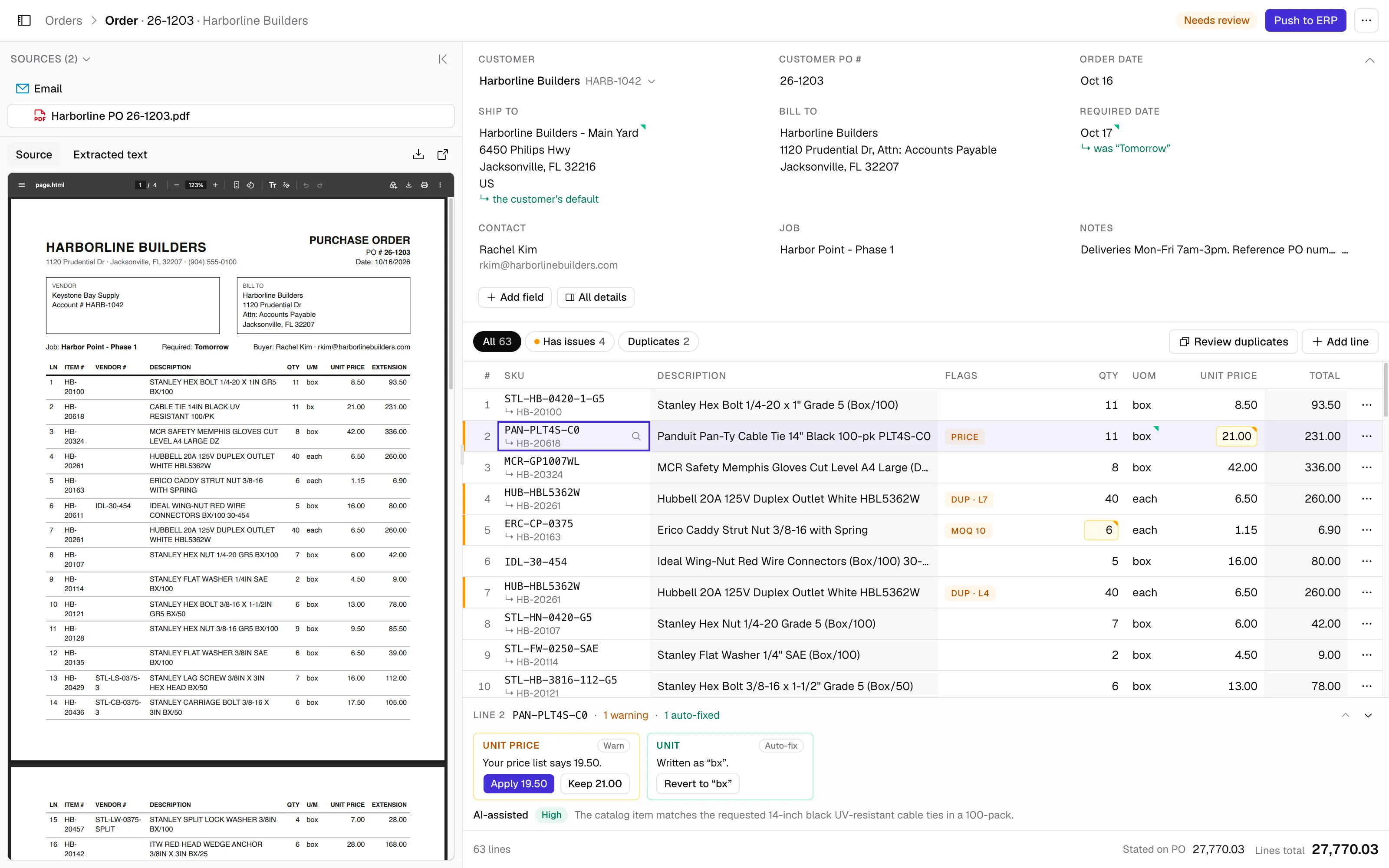 Corvadex order review: the customer's PDF purchase order next to the extracted order, with every line matched to the catalog, fixes applied and issues flagged
