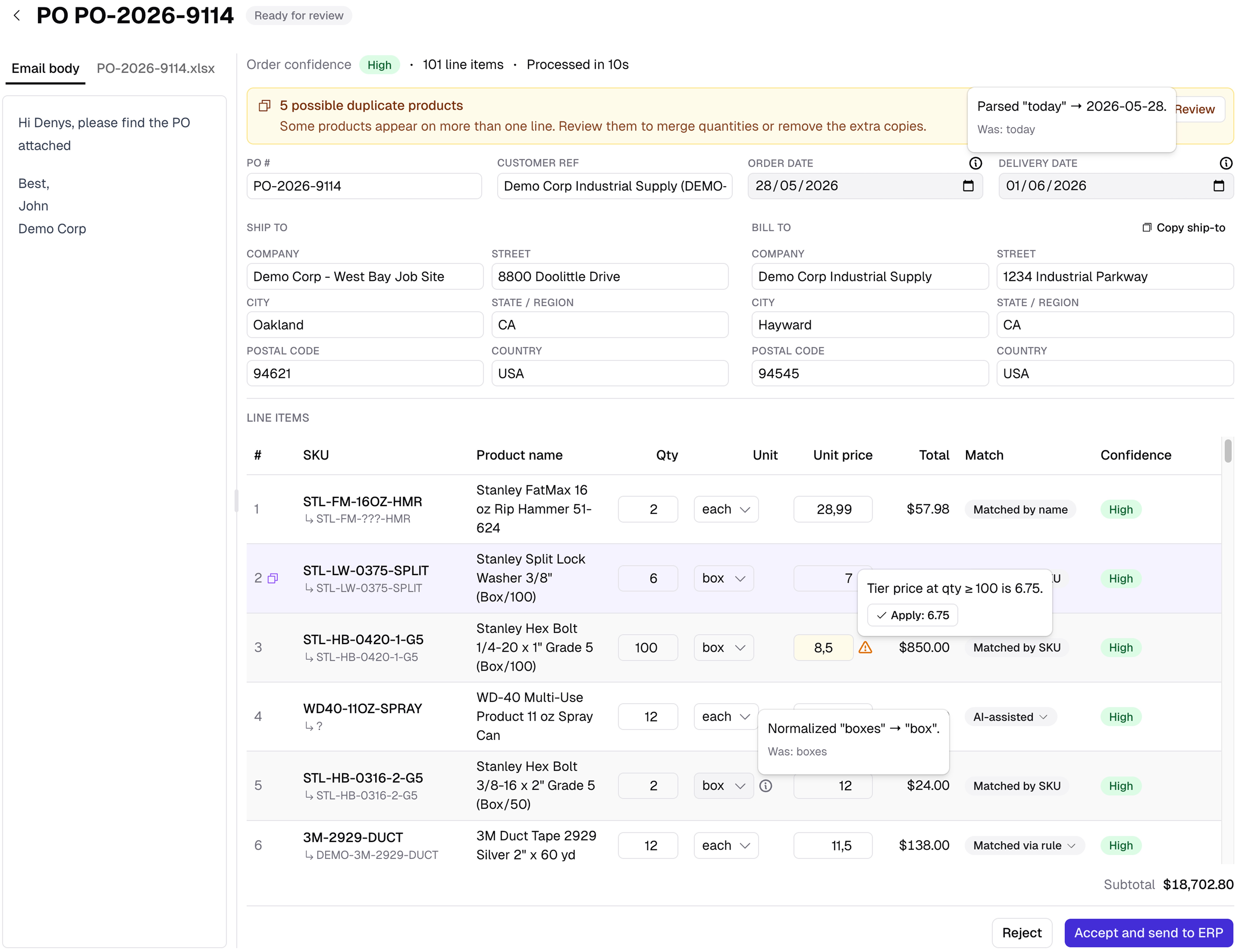 Corvadex review pane showing the extracted order with matched lines, confidence, and suggested fixes