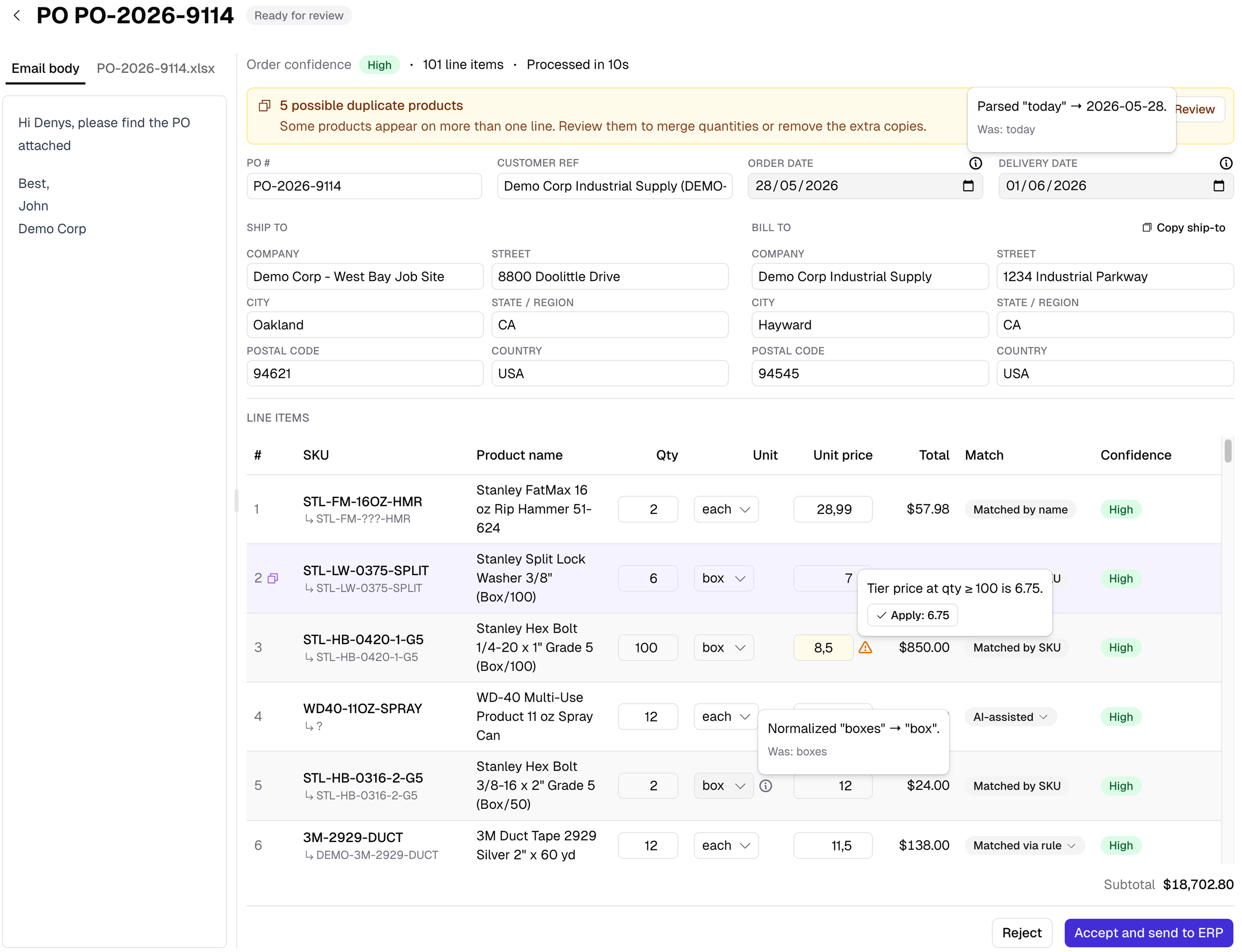 Corvadex review pane showing the extracted order with matched lines, confidence, and suggested fixes