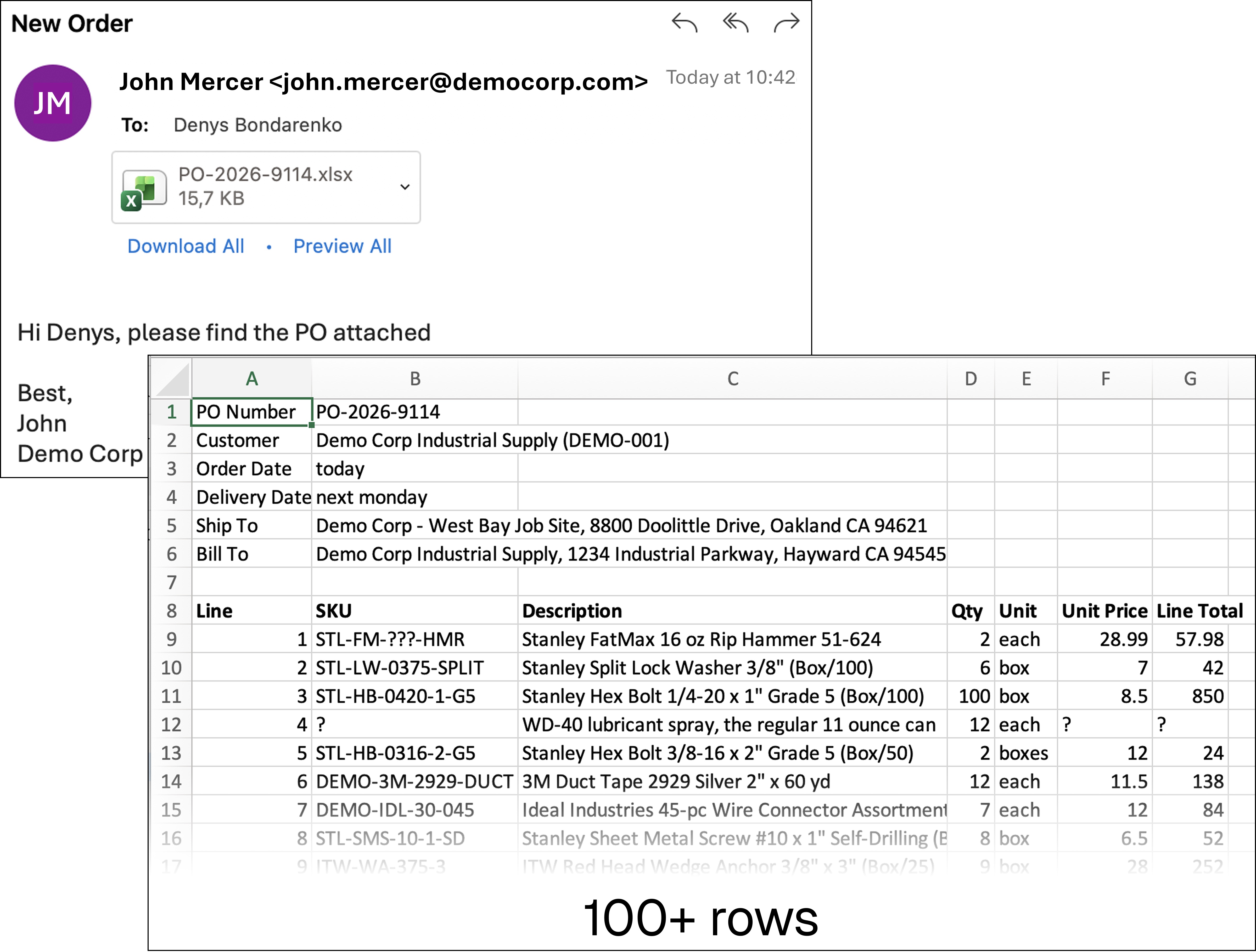 Customer email with a 100+ line XLSX purchase order attached