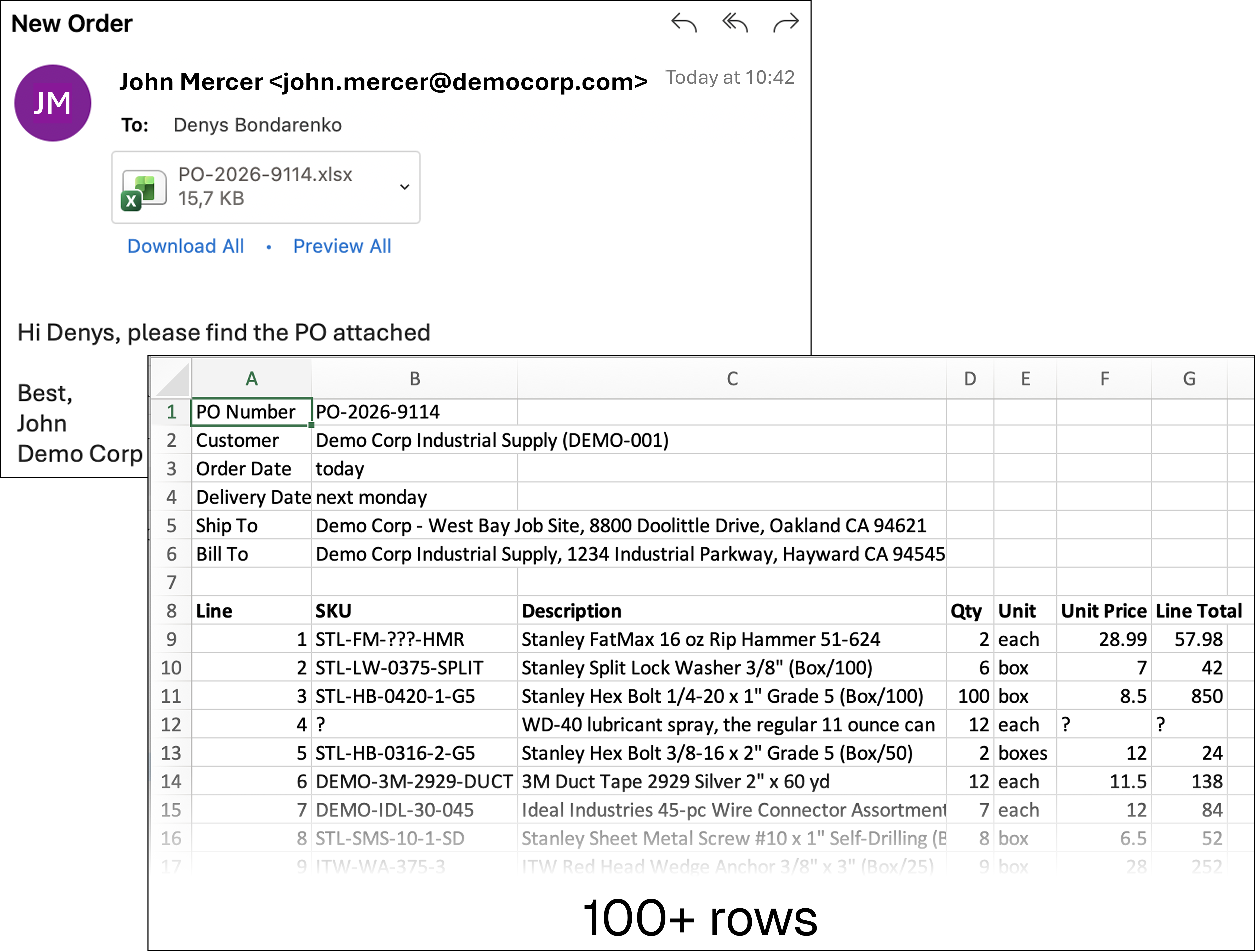 Customer email with a 100+ line XLSX purchase order attached